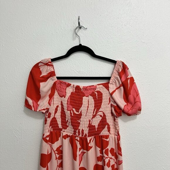 Ann Taylor Petite Floral Smocked Bodice Flare Dress Pink Red Size PS Puff Sleeve - Picture 6 of 10